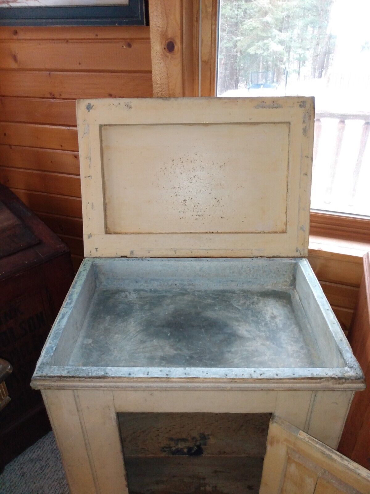 Vintage Buttercream Painted Wainscot Wood Dry Sink Cabinet