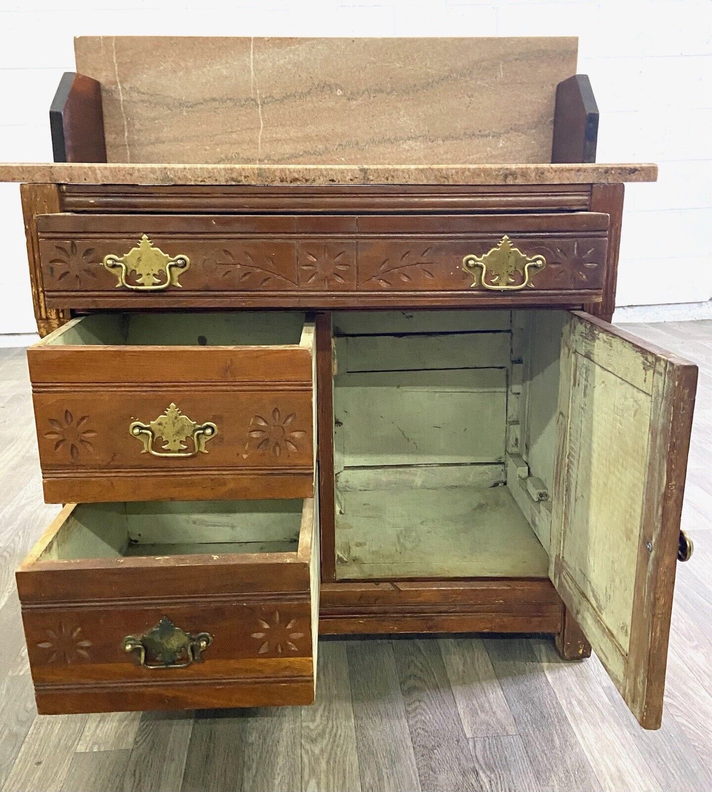 1800s Victorian Eastlake Marble Walnut Cabinet Washstand