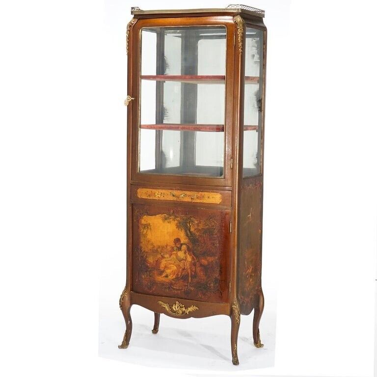 French Vernis Martin Decorated Mahogany Vitrine, Circa 1890