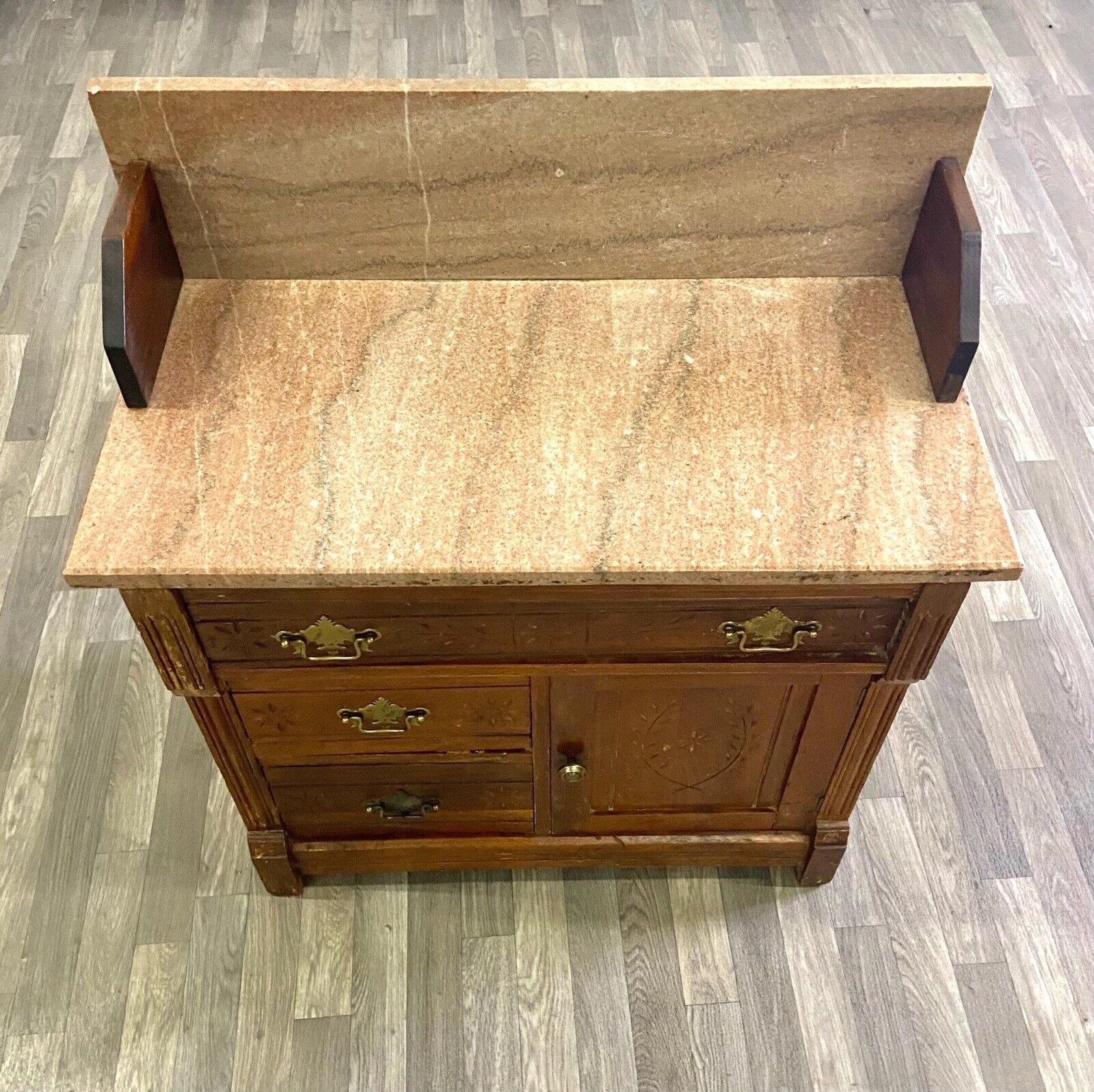 1800s Victorian Eastlake Marble Walnut Cabinet Washstand