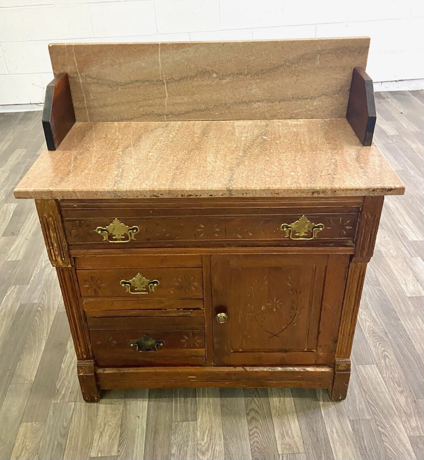 1800s Victorian Eastlake Marble Walnut Cabinet Washstand