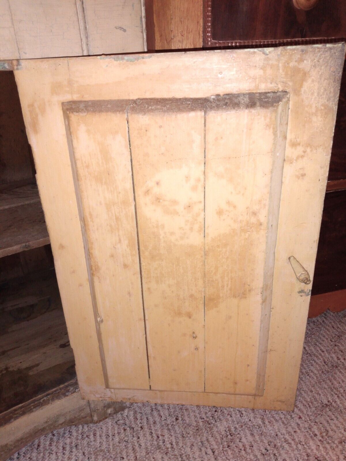 Vintage Buttercream Painted Wainscot Wood Dry Sink Cabinet