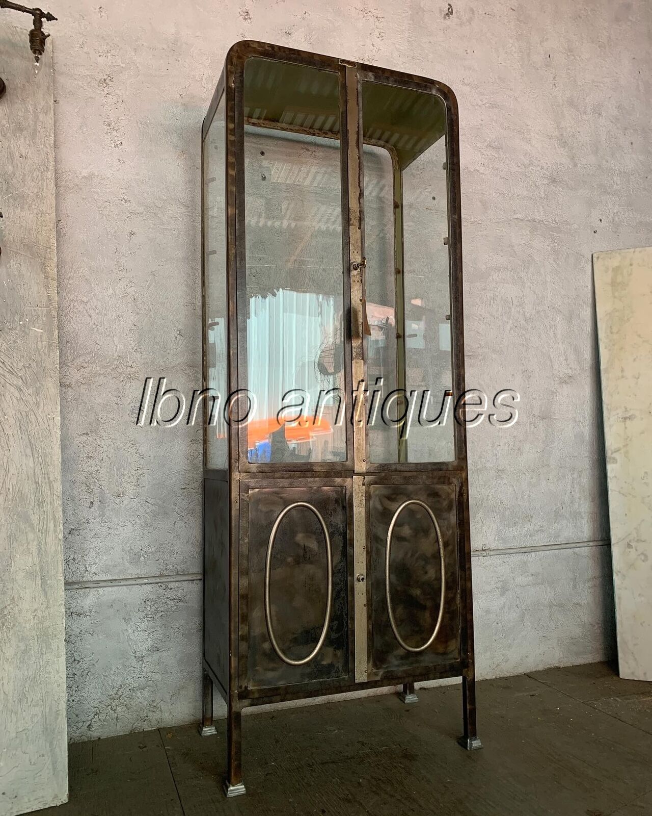 Early 1900s Medical Asylum Drugs Cabinet: Steel & Glass