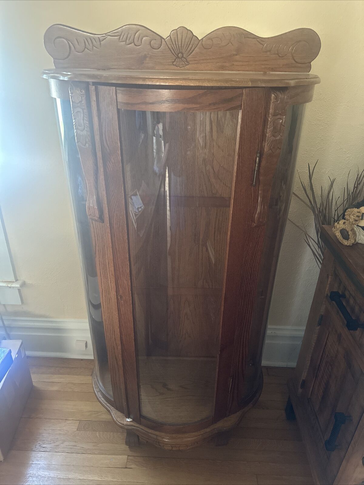 Victorian Oak Wood Curved Glass Lion Paw China Cabinet