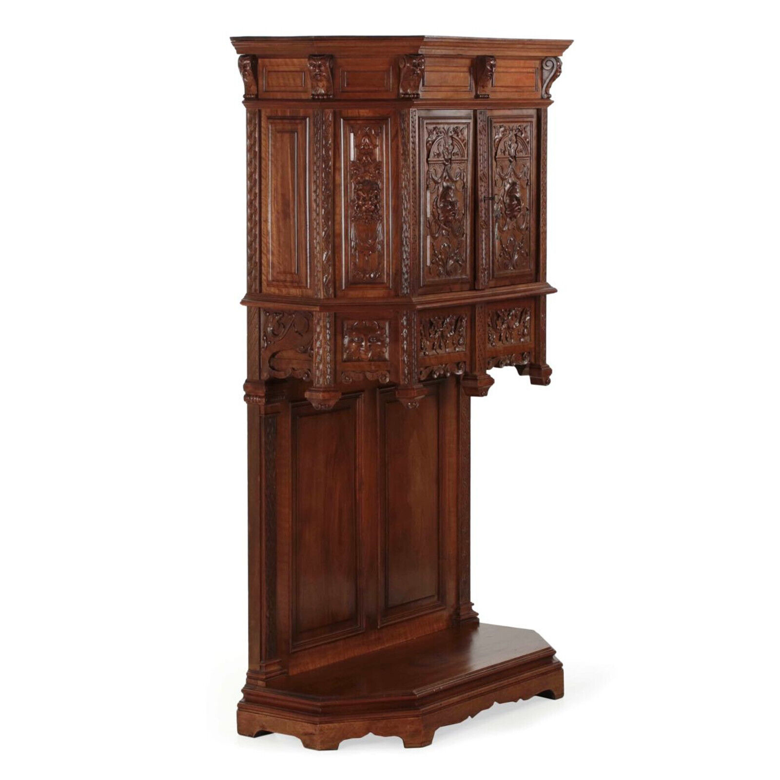 French Gothic Revival Carved Walnut Cupboard Cabinet, 1880