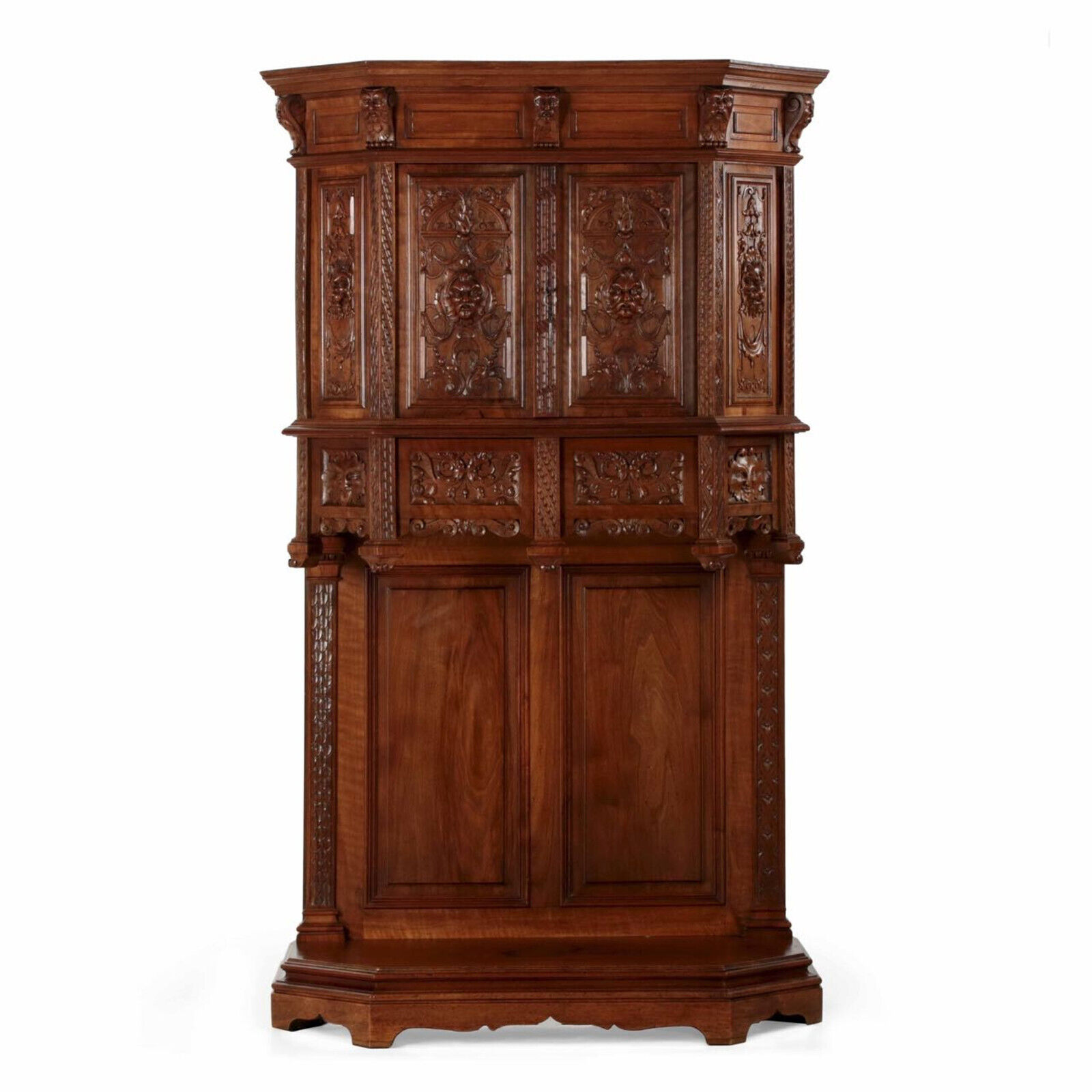 French Gothic Revival Carved Walnut Cupboard Cabinet, 1880
