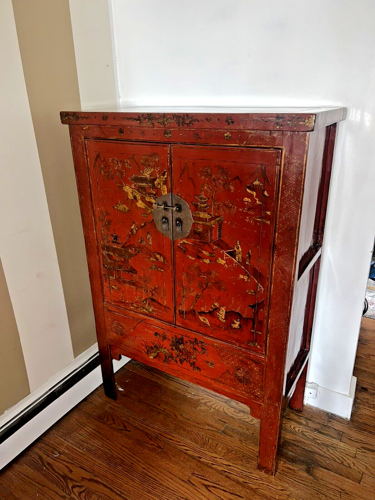 Chinese Qing Red Lacquer Wedding Cabinet Armoire Antique