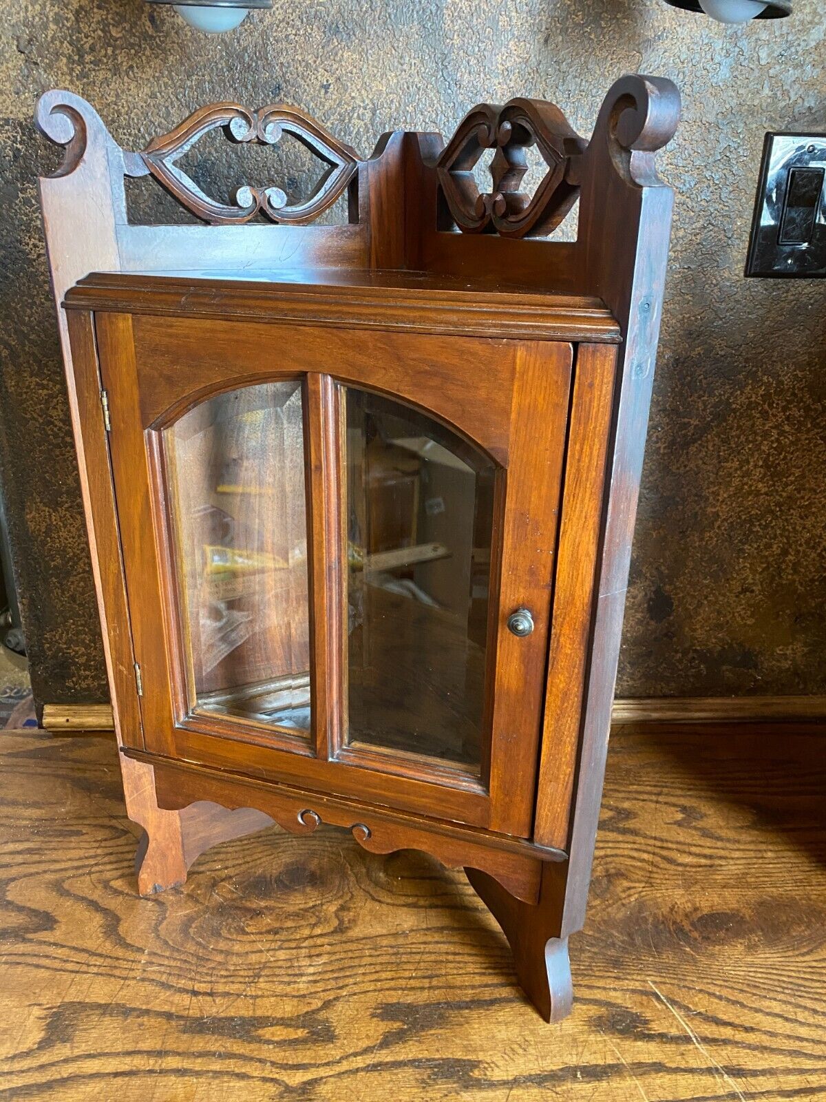 Eastlake Walnut Corner Cabinet with Beveled Glass Doors