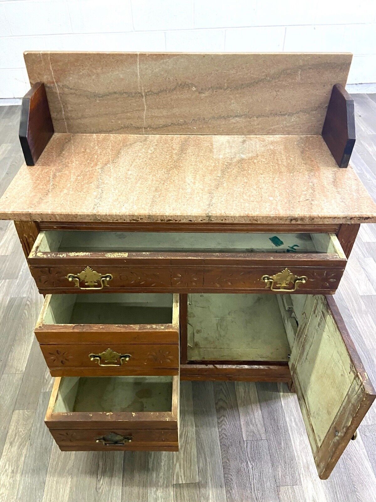 1800s Victorian Eastlake Marble Walnut Cabinet Washstand