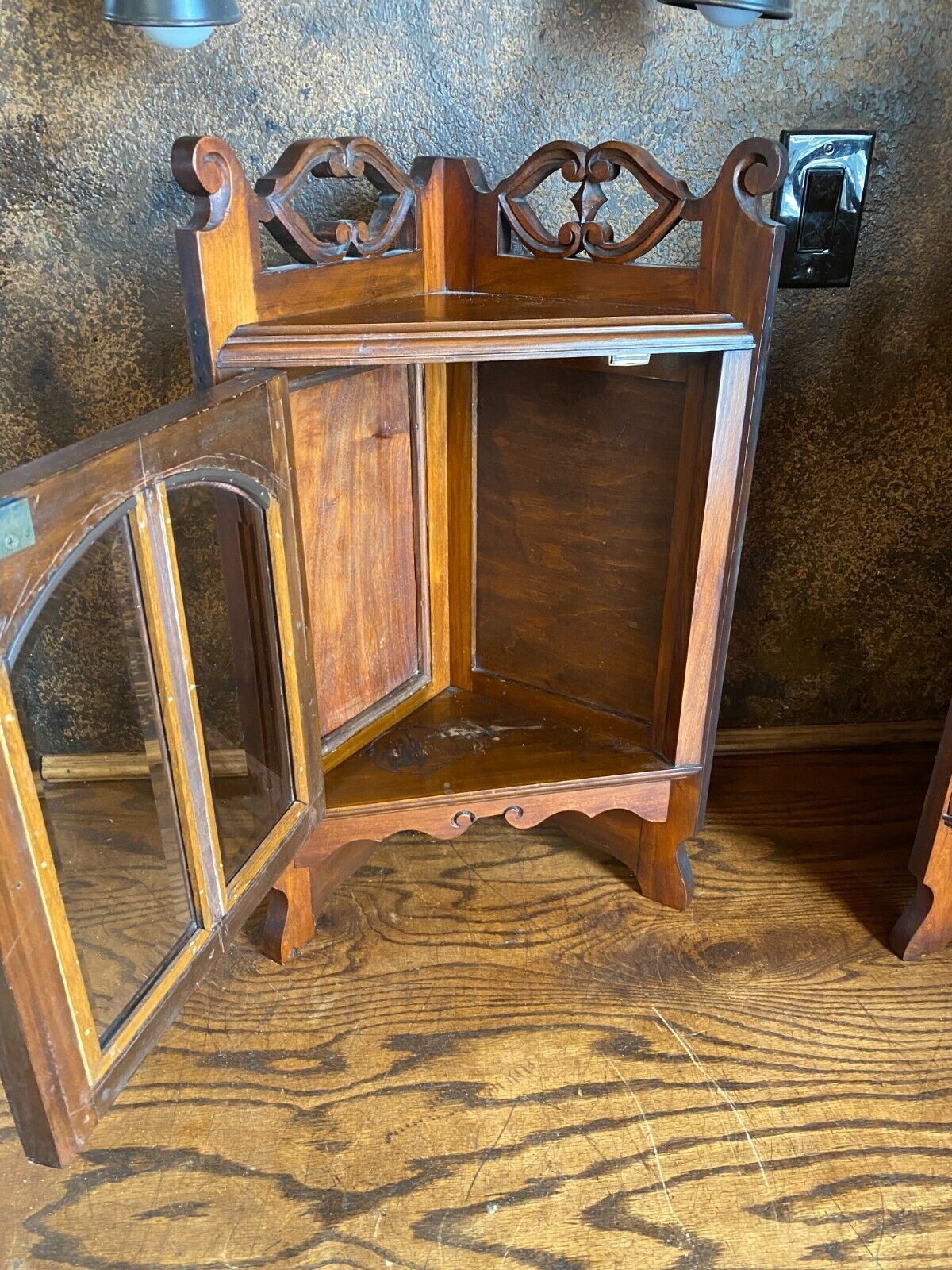 Eastlake Walnut Corner Cabinet with Beveled Glass Doors