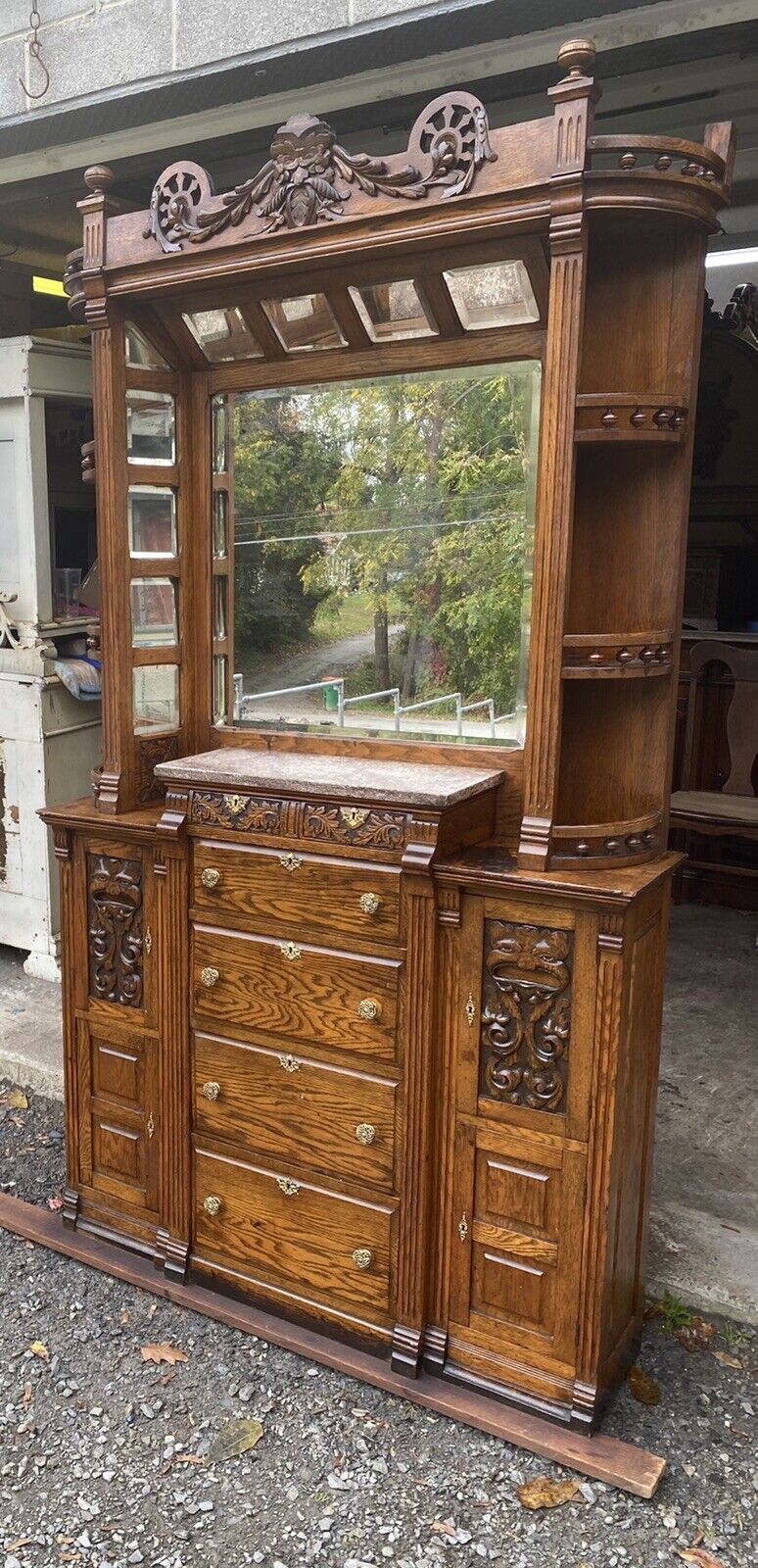 Victorian Oak Barber Shop Bar Cabinet - Antique