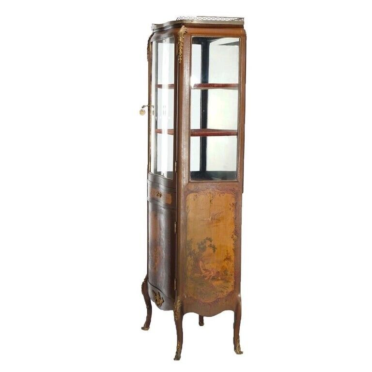 French Vernis Martin Decorated Mahogany Vitrine, Circa 1890