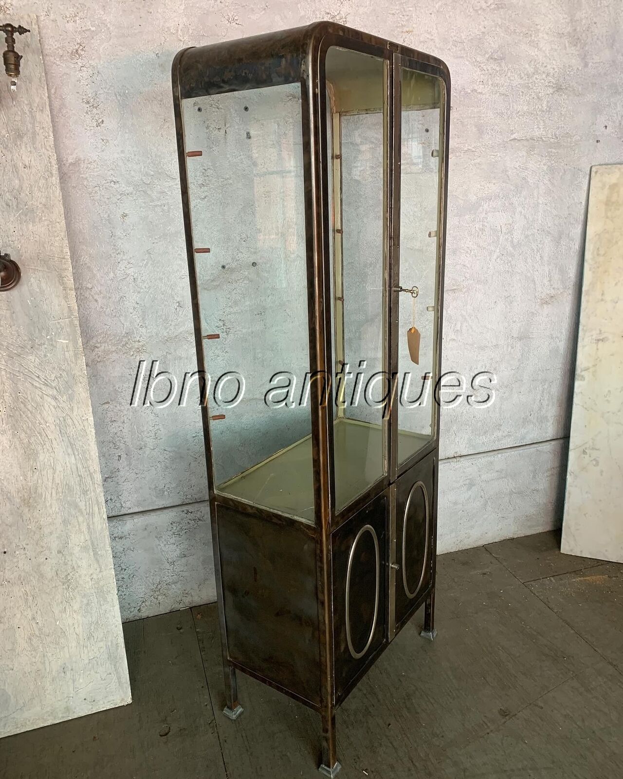 Early 1900s Medical Asylum Drugs Cabinet: Steel & Glass