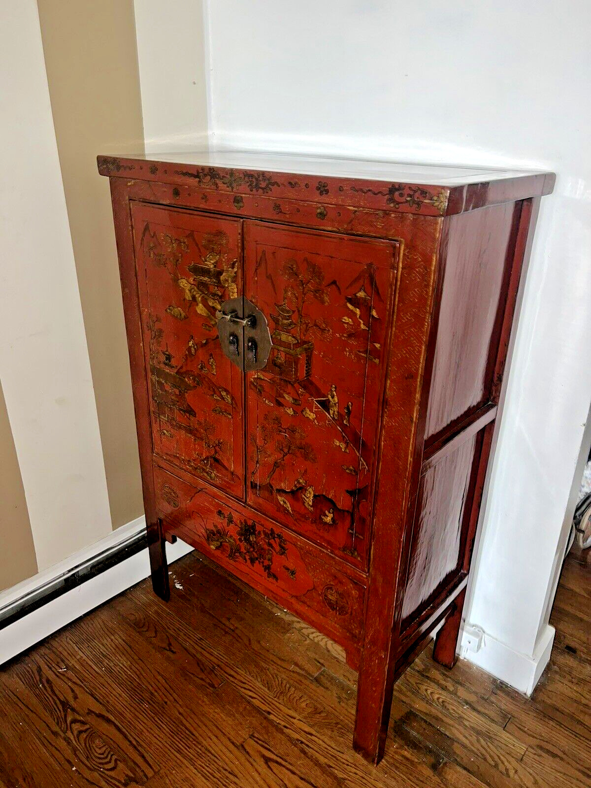 Chinese Qing Red Lacquer Wedding Cabinet Armoire