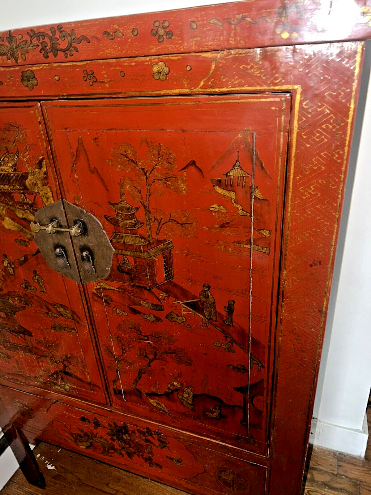 Chinese Qing Red Lacquer Wedding Cabinet Armoire
