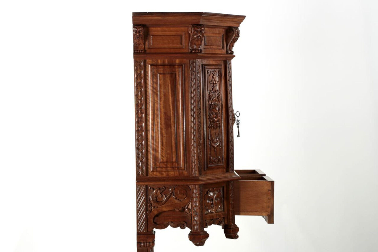 French Gothic Revival Carved Walnut Cupboard Cabinet, 1880