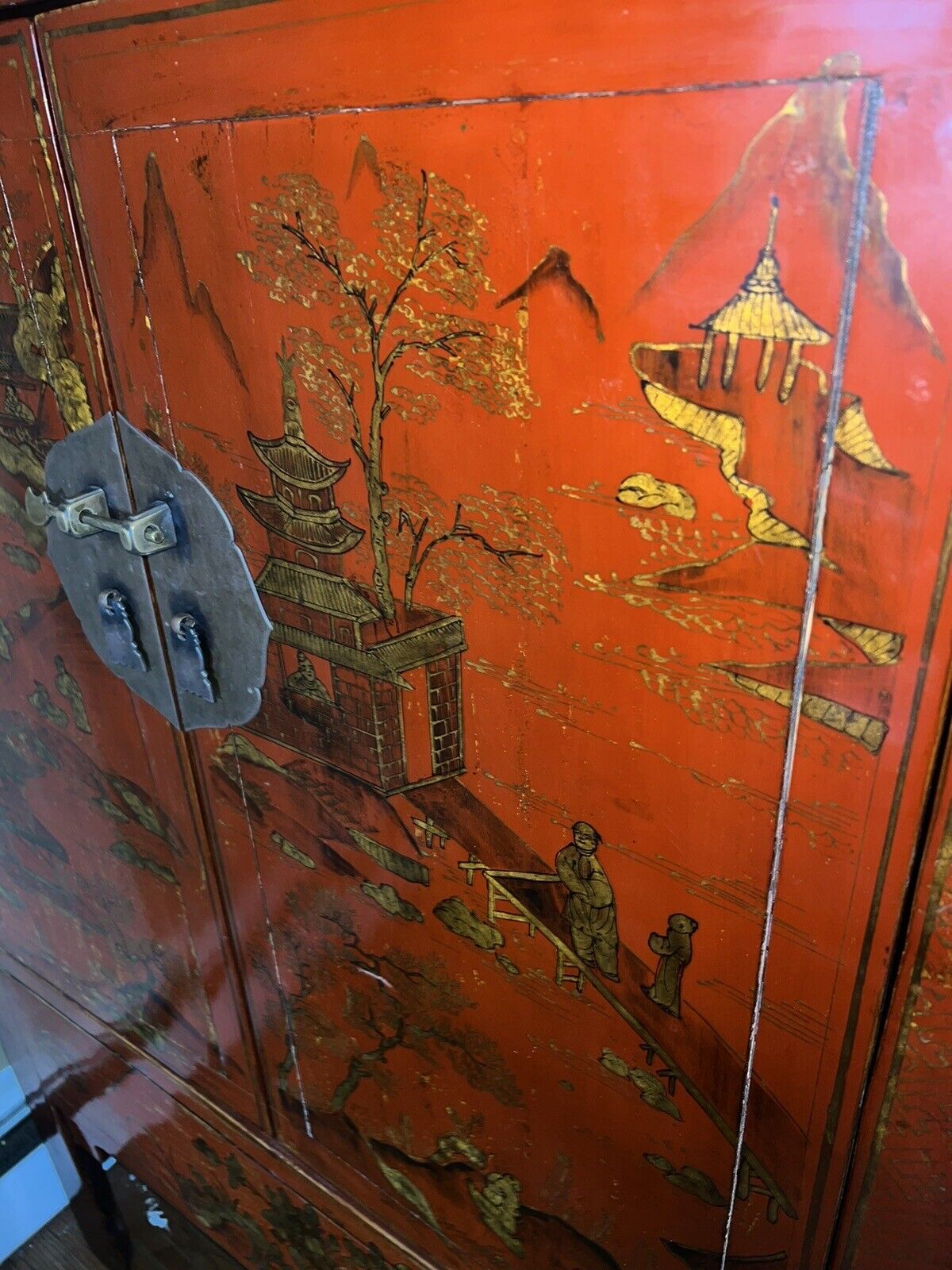 Chinese Qing Red Lacquer Wedding Cabinet Armoire