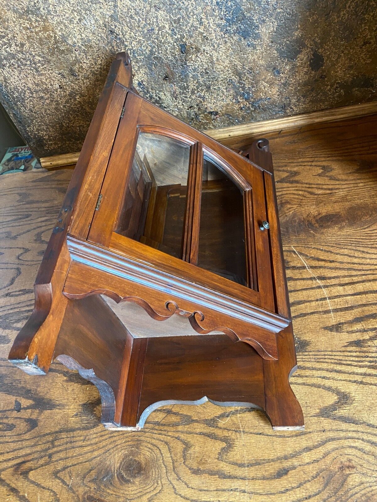 Eastlake Walnut Corner Cabinet with Beveled Glass Doors