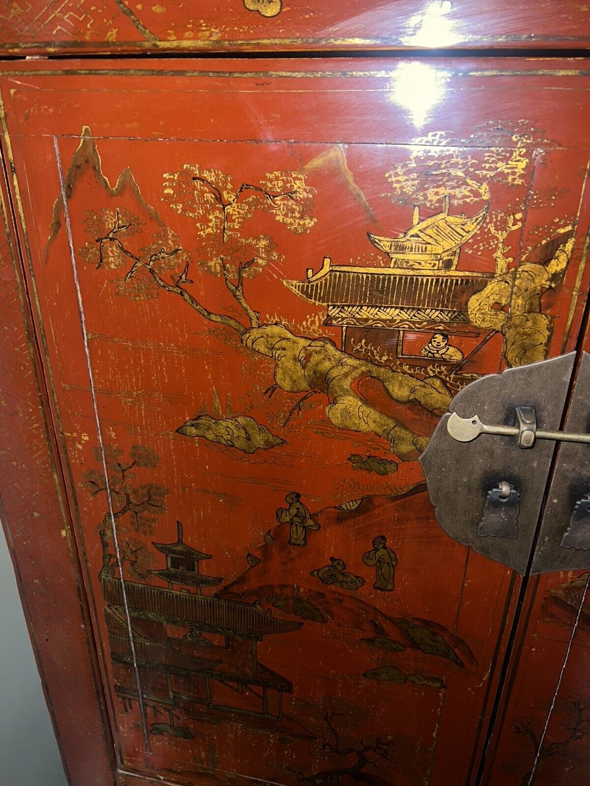 Chinese Qing Red Lacquer Wedding Cabinet Armoire