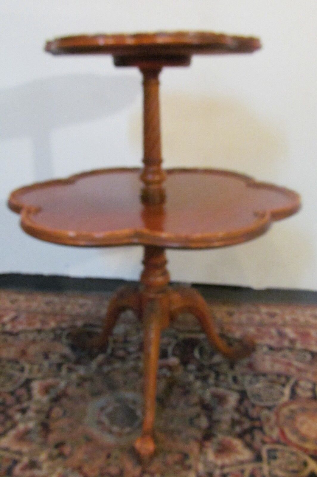 French Carved Satinwood 2 Tier Table with Snail Feet
