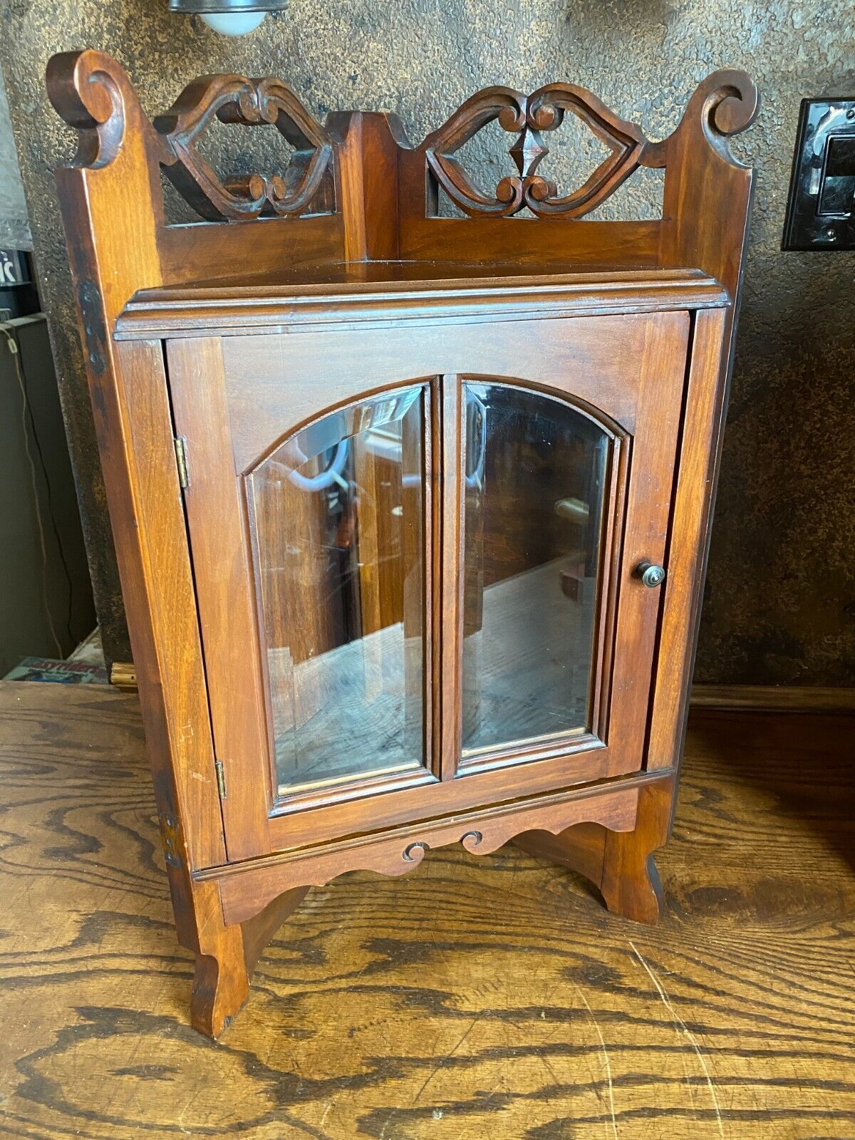 Eastlake Walnut Corner Cabinet with Beveled Glass Doors
