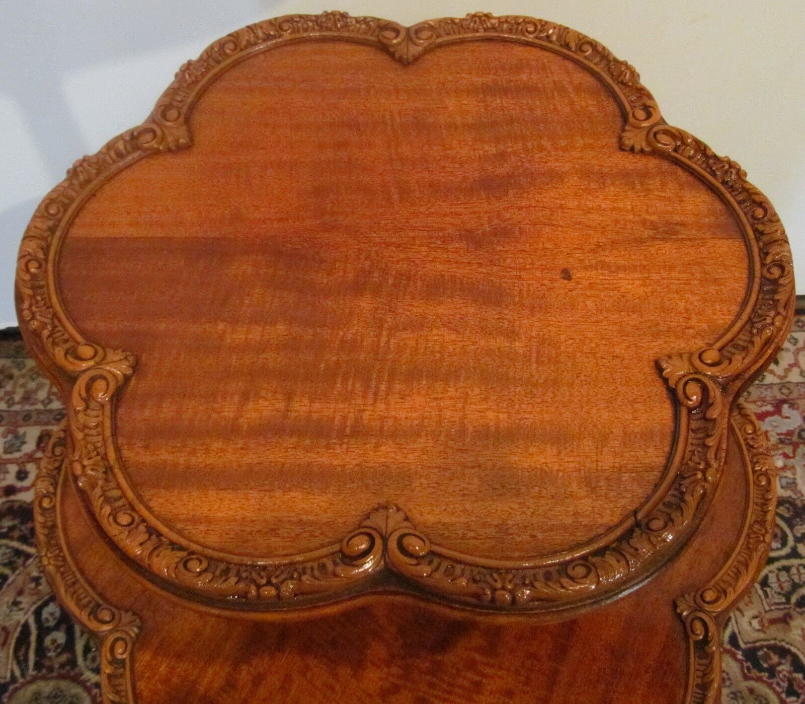 French Carved Satinwood 2 Tier Table with Snail Feet