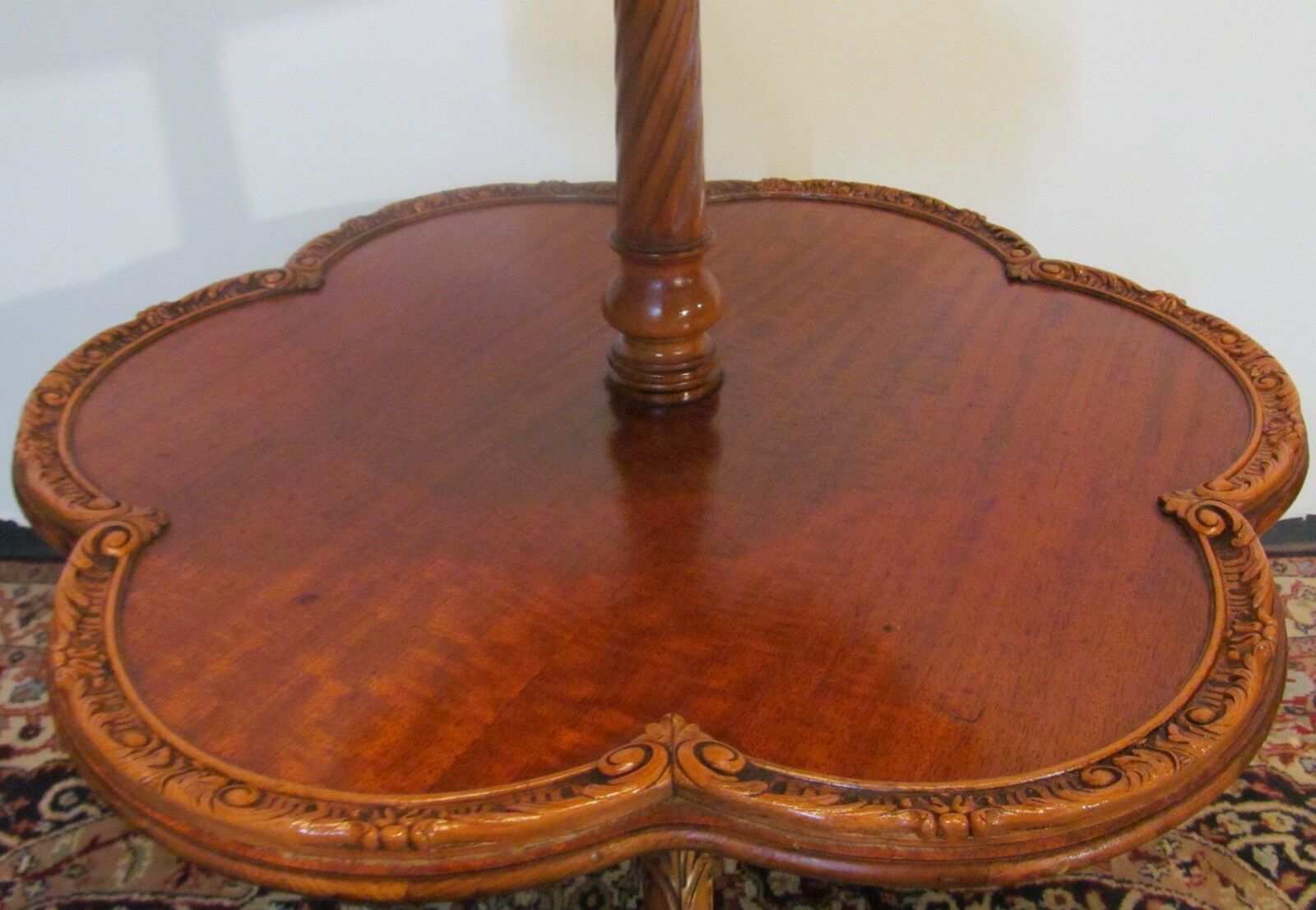 French Carved Satinwood 2 Tier Table with Snail Feet