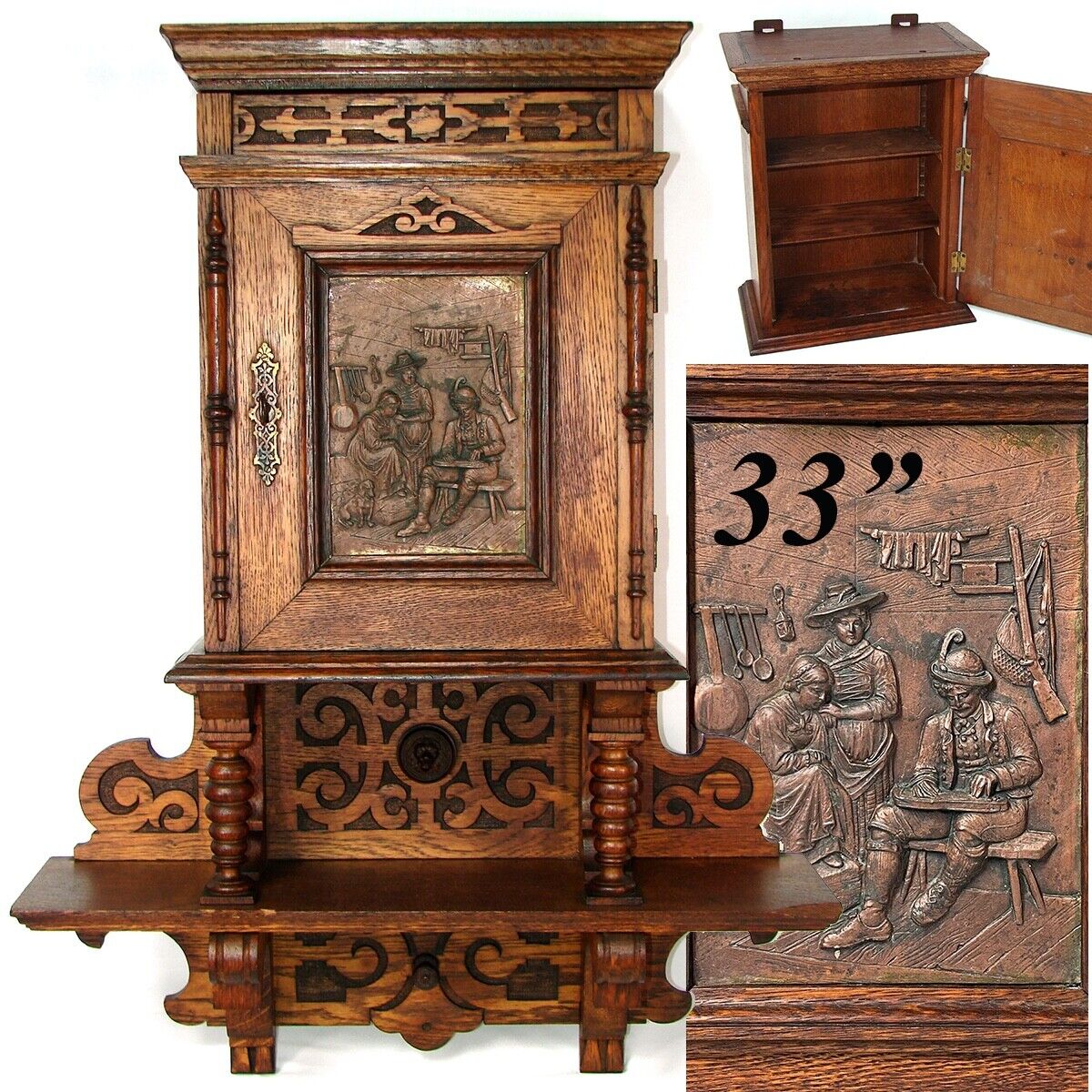 Victorian Era Carved Oak 33" Cabinet with Figural Shelf