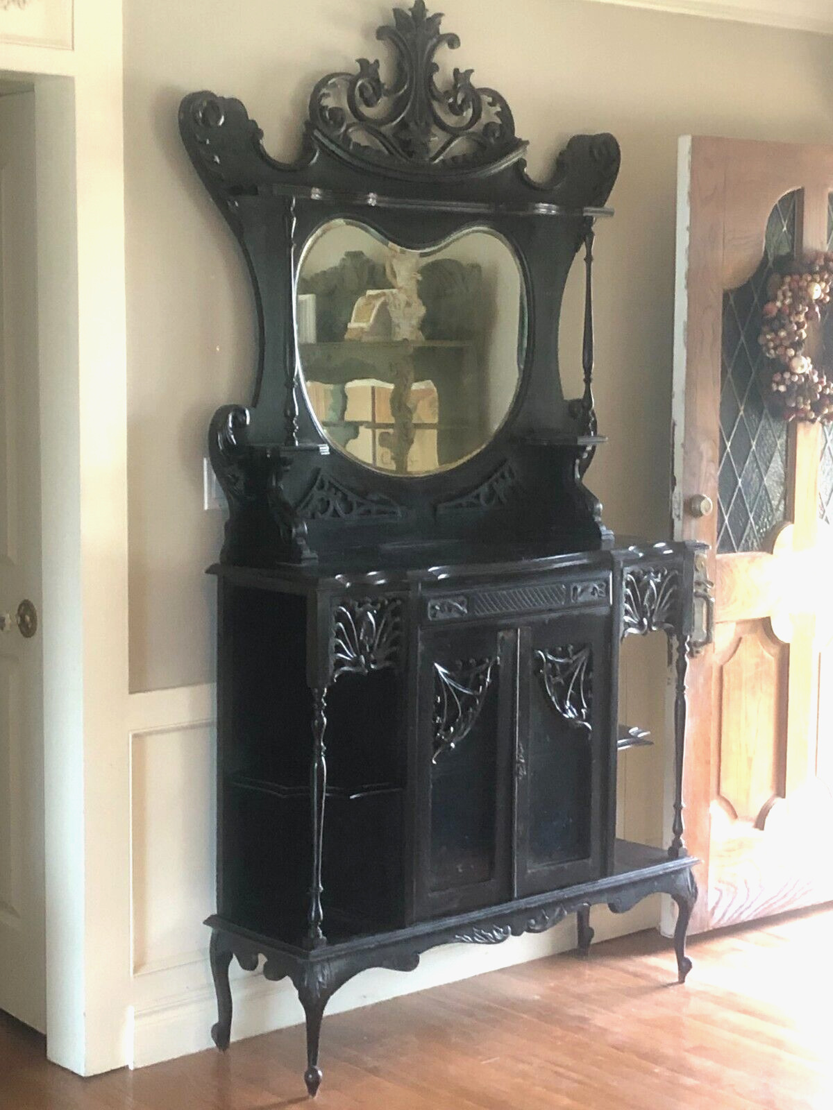 Victorian Hand Carved Ebonized Mahogany Etagere Cabinet