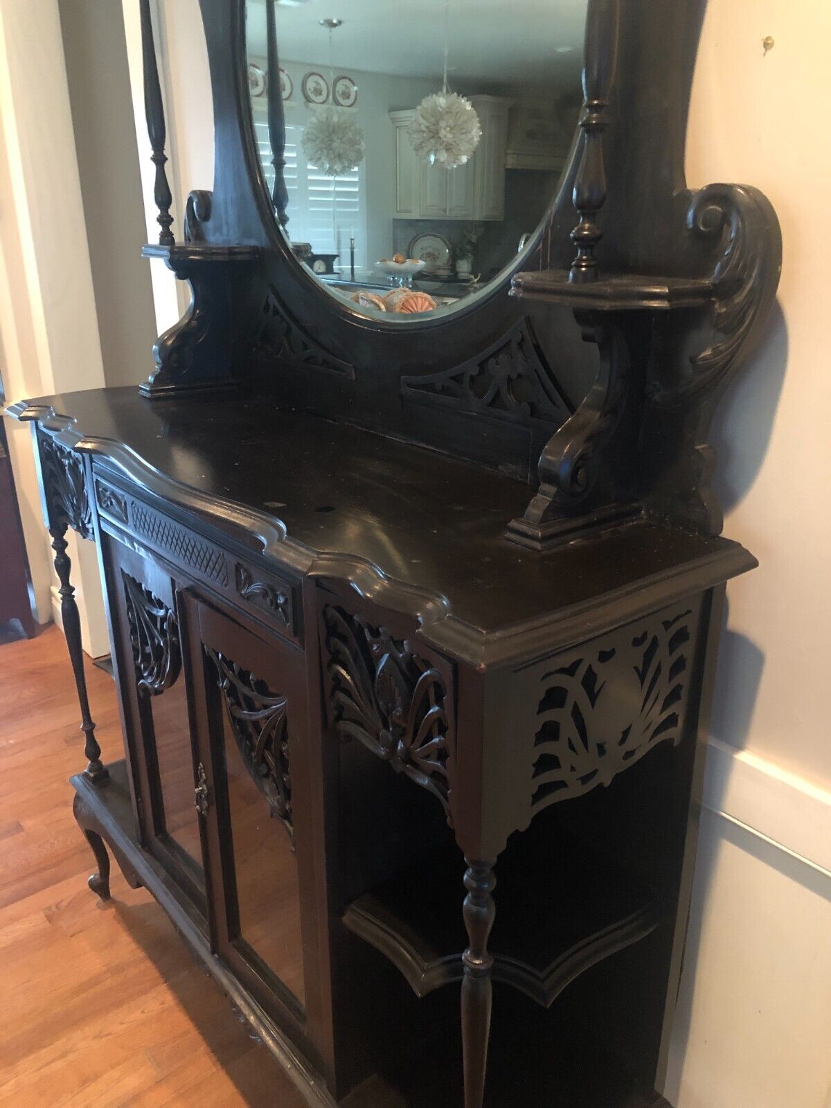 Victorian Hand Carved Ebonized Mahogany Etagere Cabinet