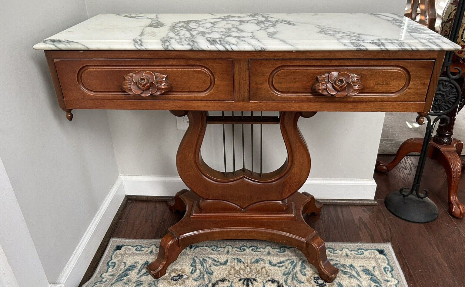 Victorian Mahogany Marble Top Harp Base Table 2 Drawers