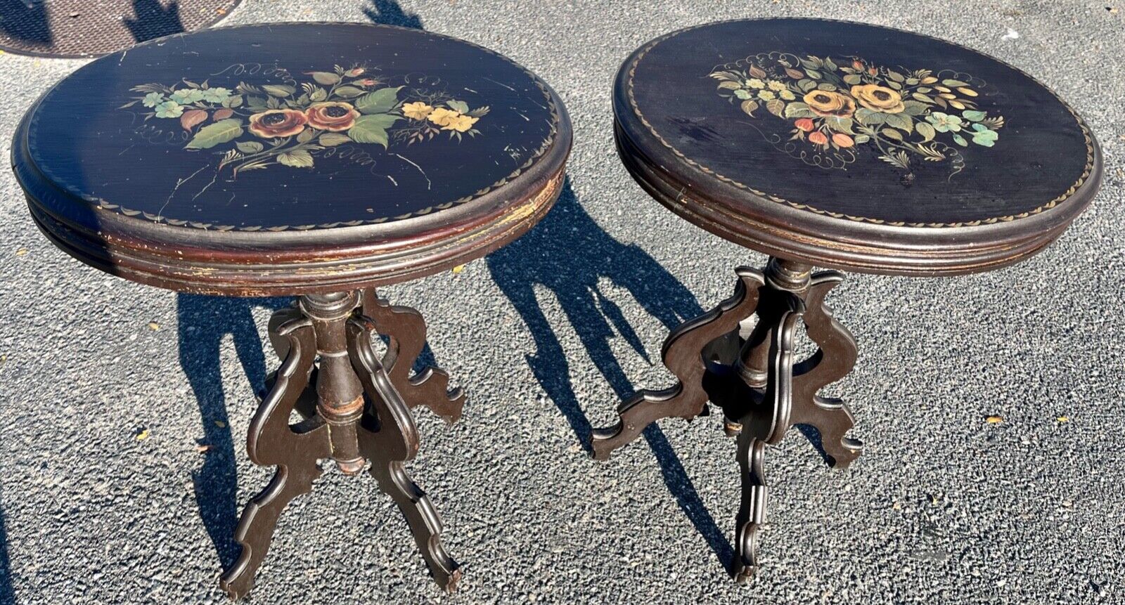 Victorian Hand-Painted Floral Top Side Tables, 1860
