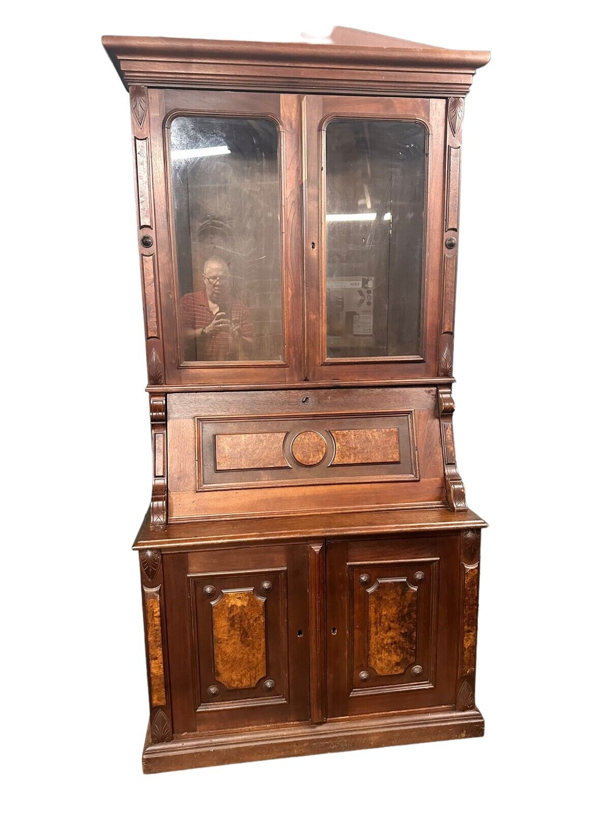 Antique Victorian Wooden Cabinet Desk with Bookcase
