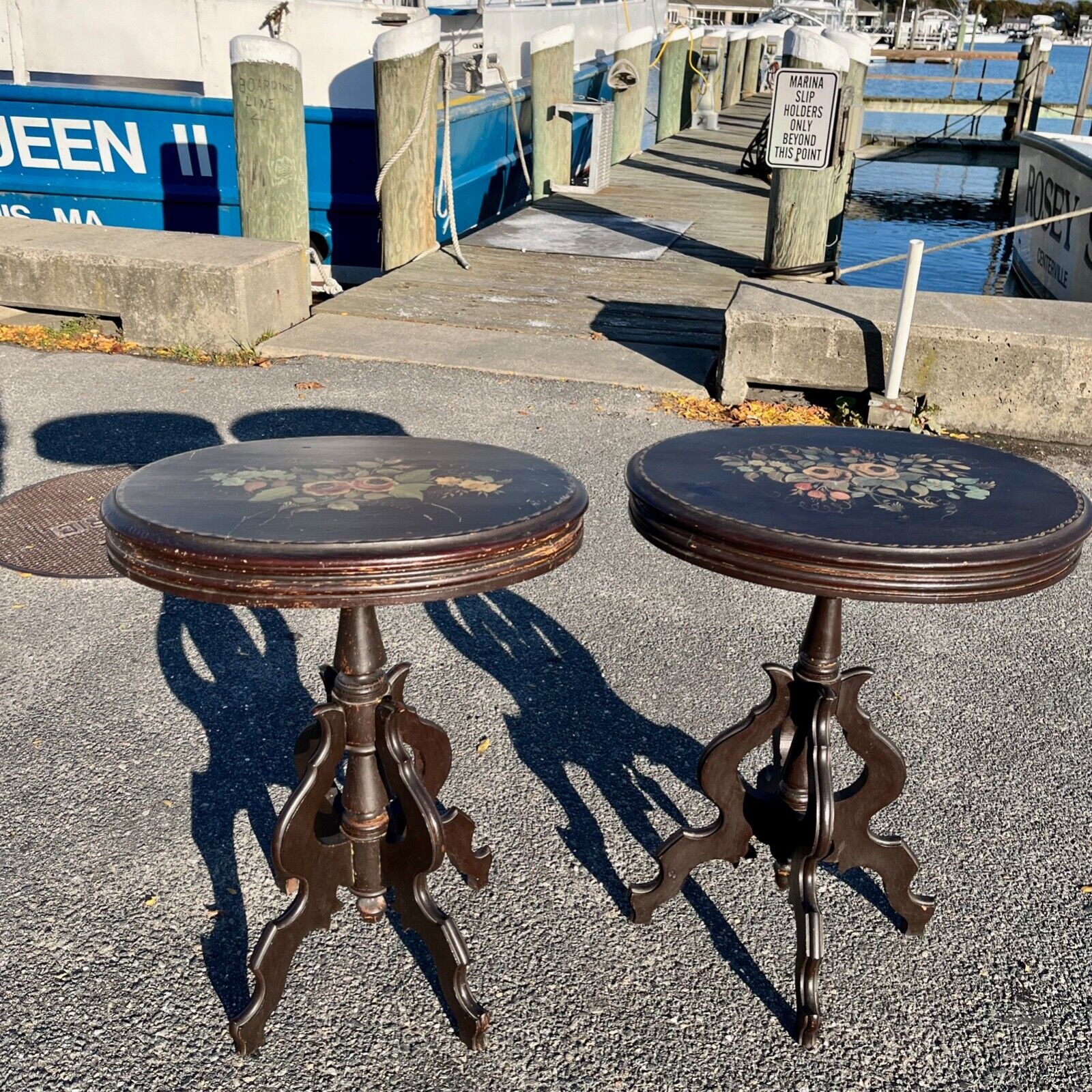 Victorian Hand-Painted Floral Top Side Tables, 1860