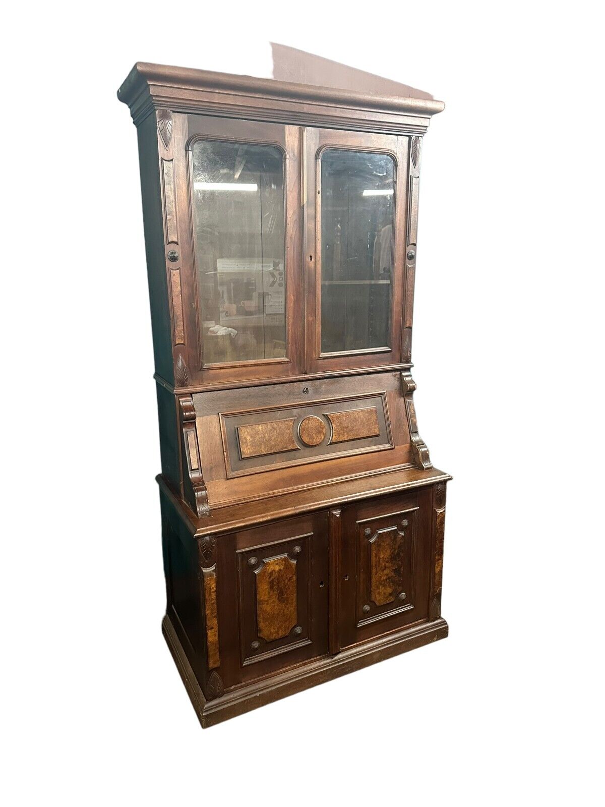 Victorian burl walnut cabinet bookcase desk - 1860s