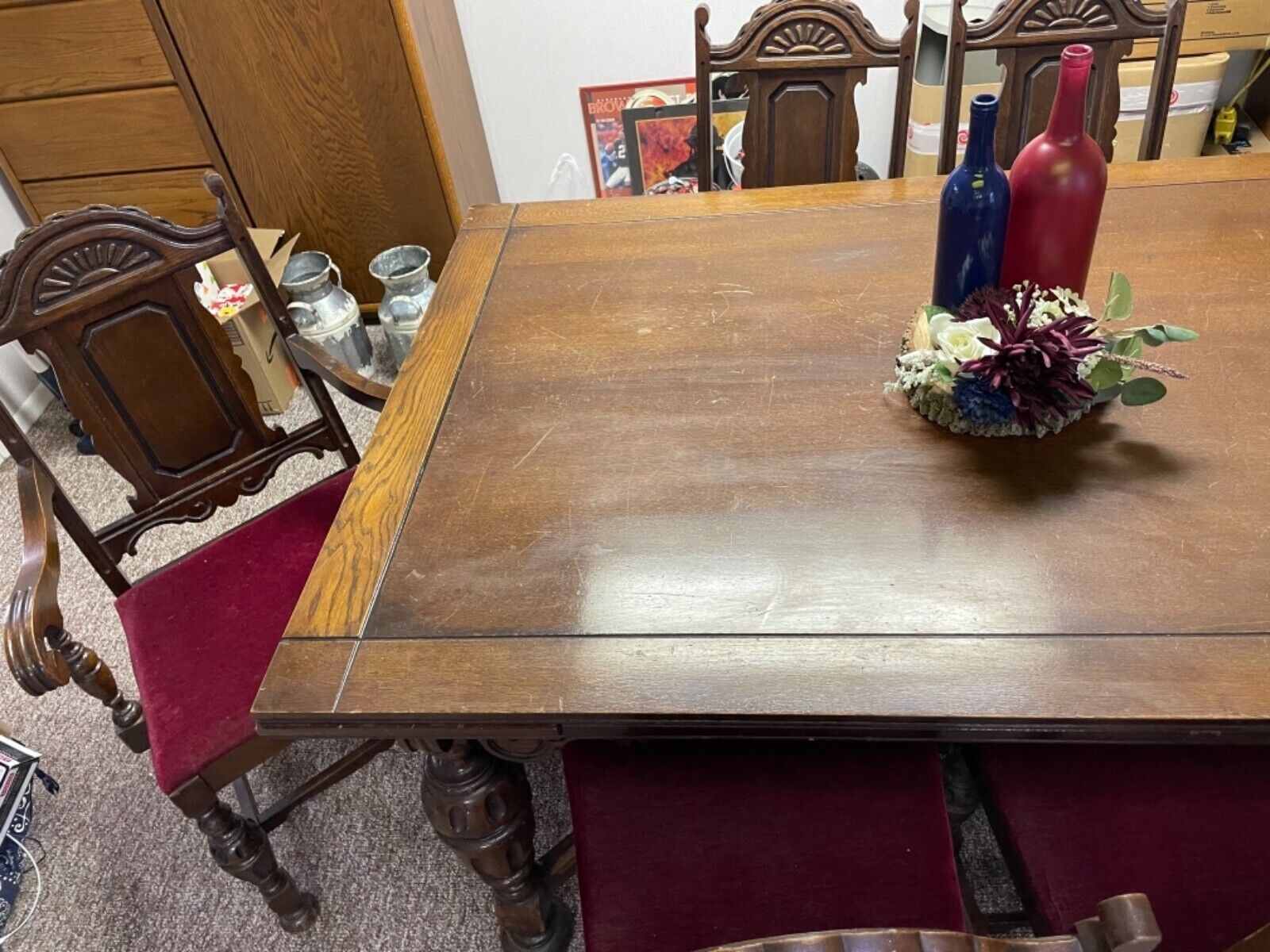 Oak Tudor Chairs with Burgandy Cushions