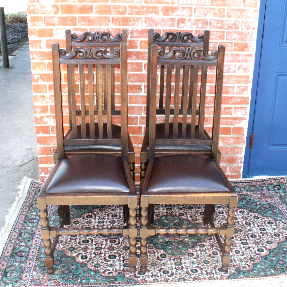 4 English Oak Antique Chairs with Vinyl Upholstery