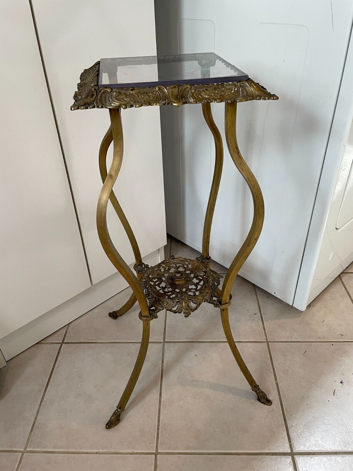 Victorian Brass Ornate Plant Stand Table with Glass Top