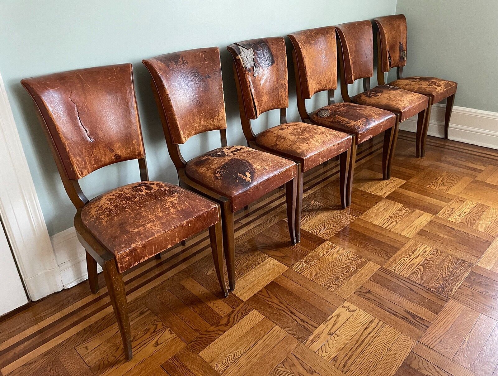 French Leather Art Deco Dining Chairs - Set of 6