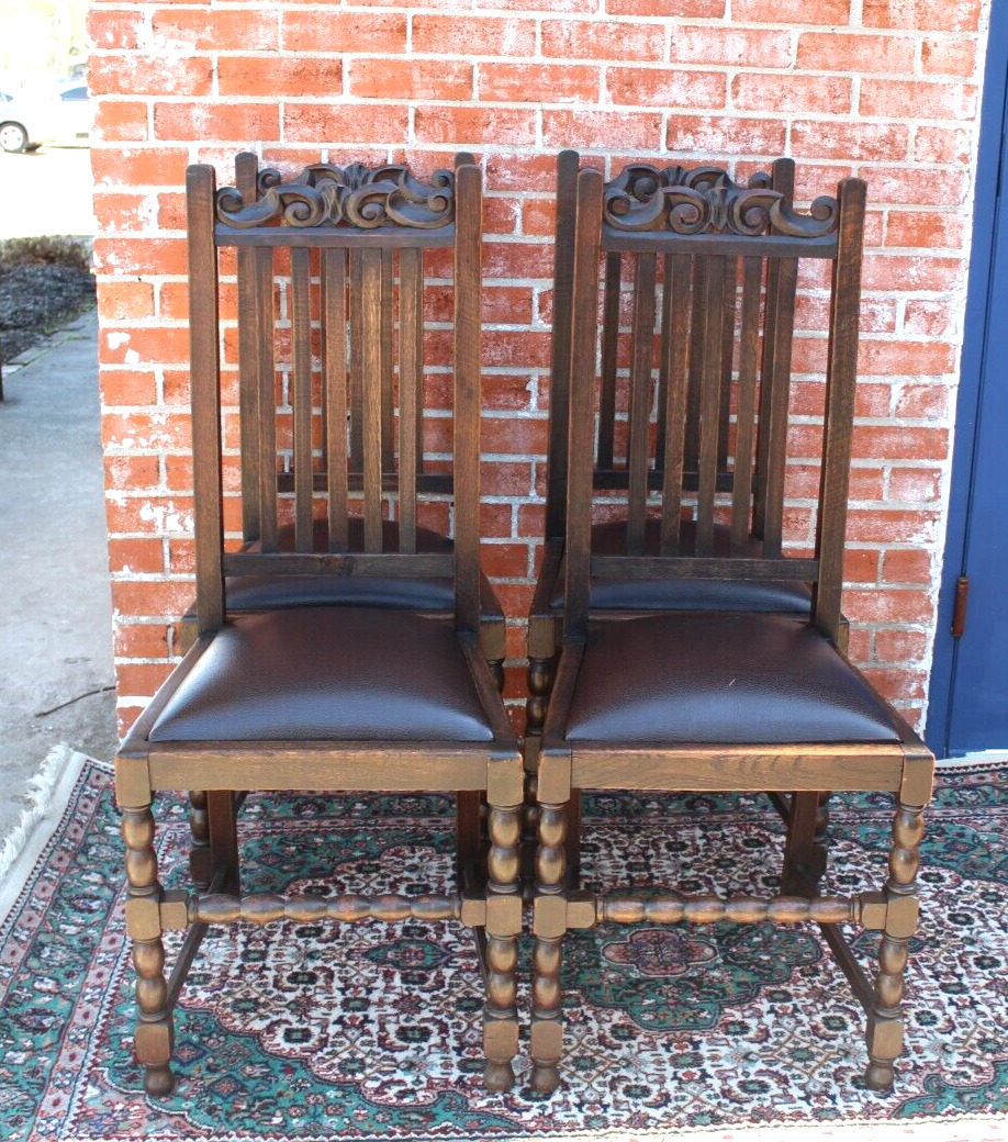 4 English Oak Antique Chairs with Vinyl Upholstery