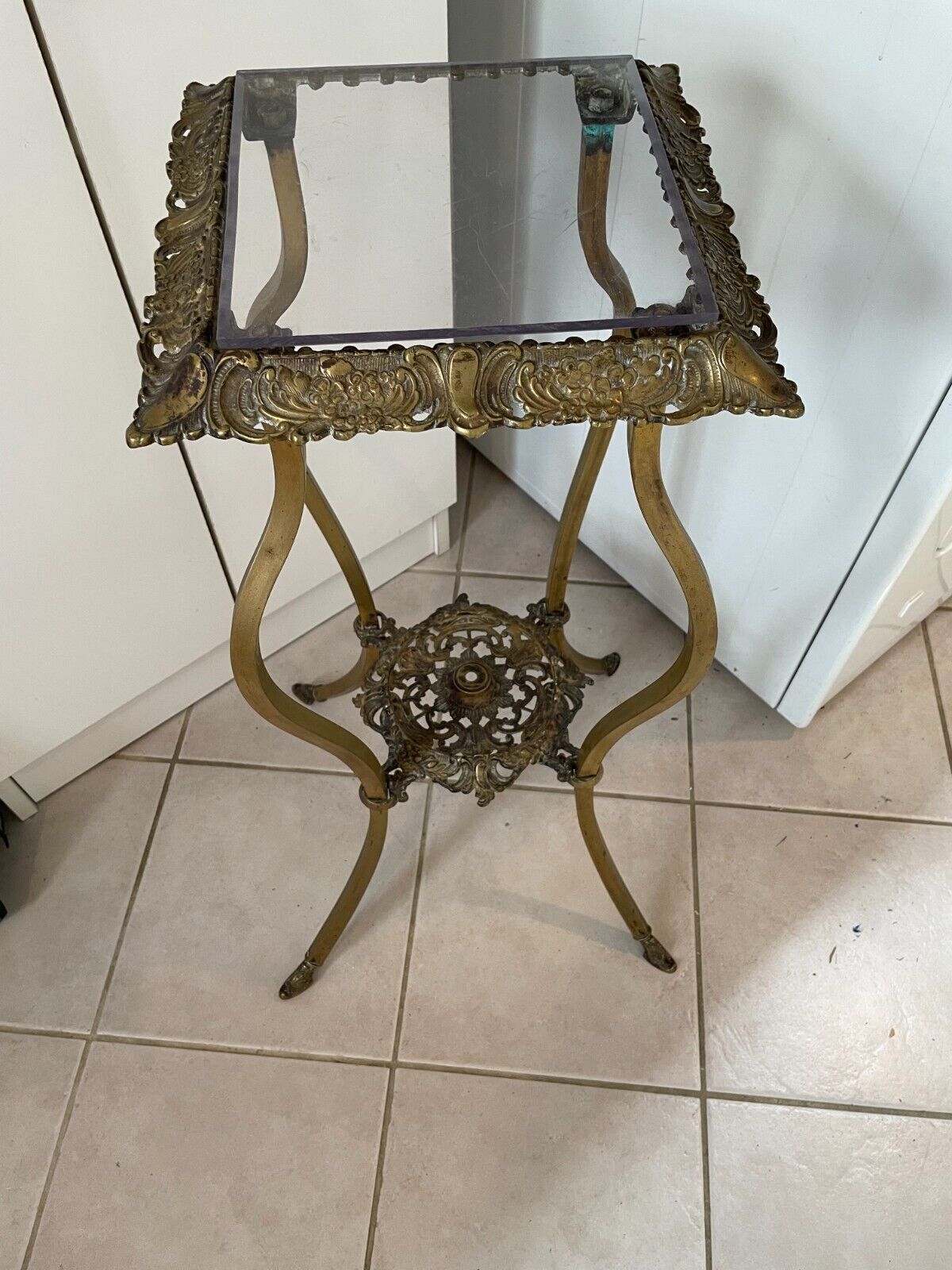 Victorian Brass Ornate Plant Stand Table with Glass Top