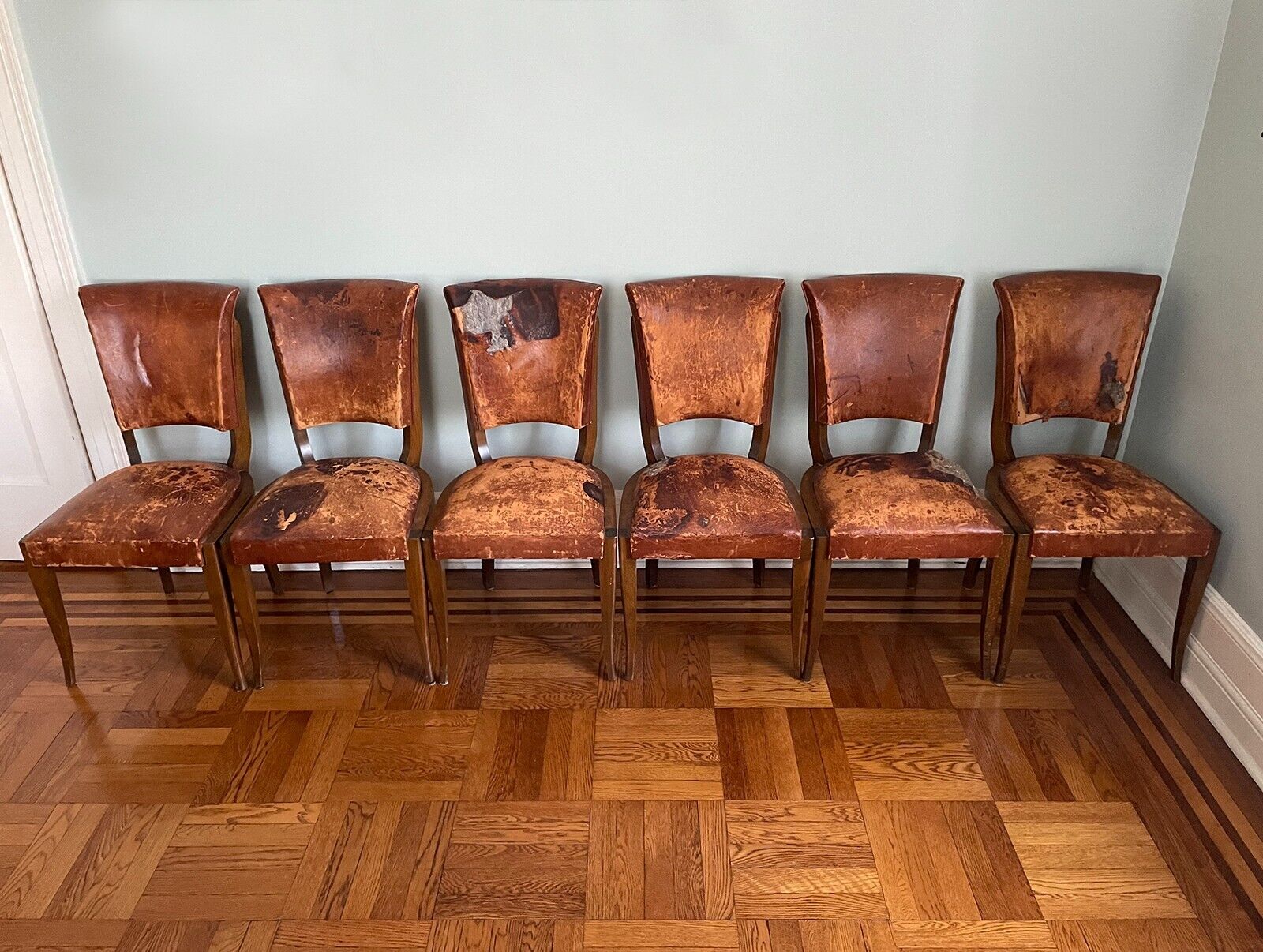 French Leather Art Deco Dining Chairs - Set of 6