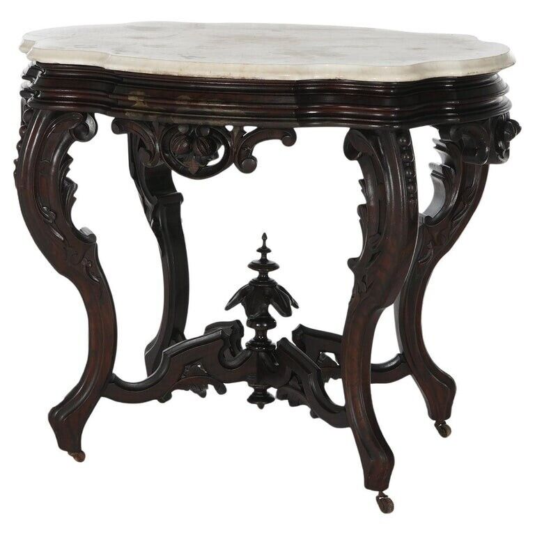Victorian Carved Walnut Marble Turtle Top Table circa 1870