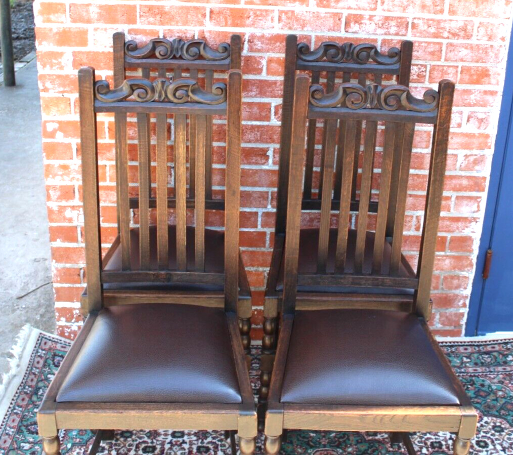 4 English Oak Antique Chairs with Vinyl Upholstery
