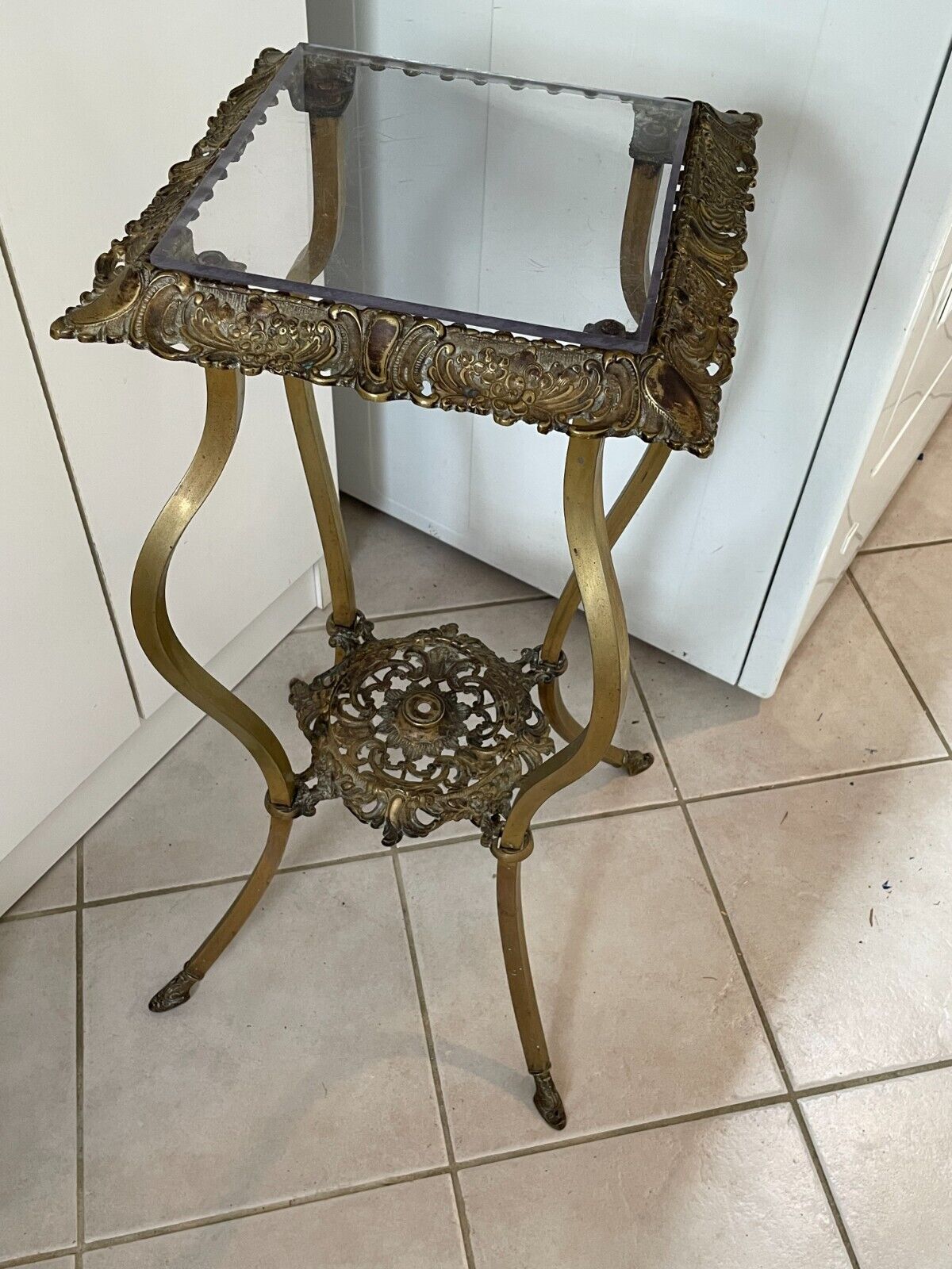 Victorian Brass Ornate Plant Stand Table with Glass Top