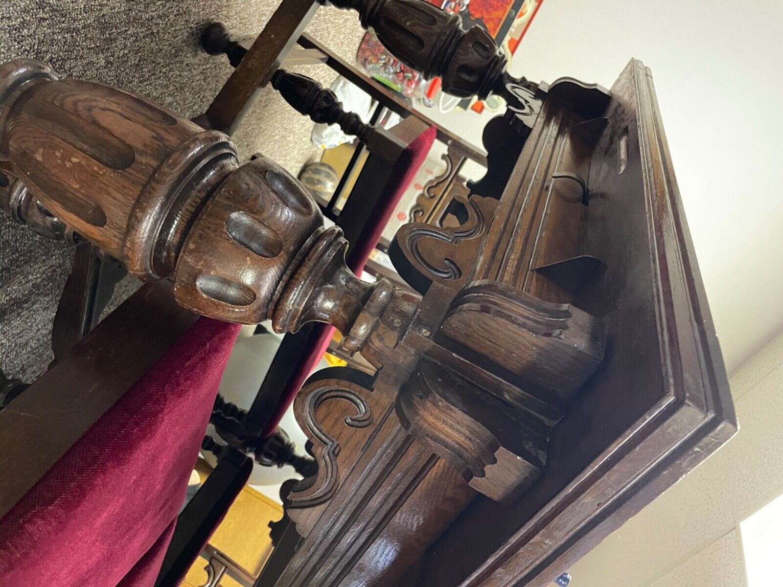Oak Tudor Chairs with Burgandy Cushions