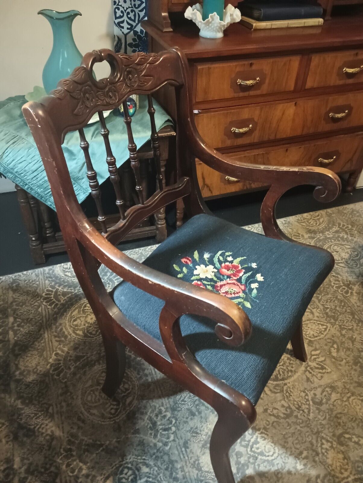 Antique Victorian Mahogany Dining Chair with Needlepoint Roseback