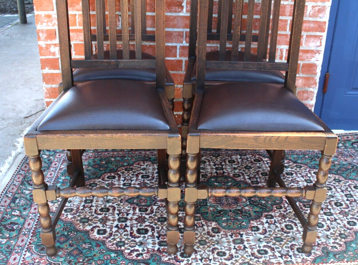 4 English Oak Antique Chairs with Vinyl Upholstery