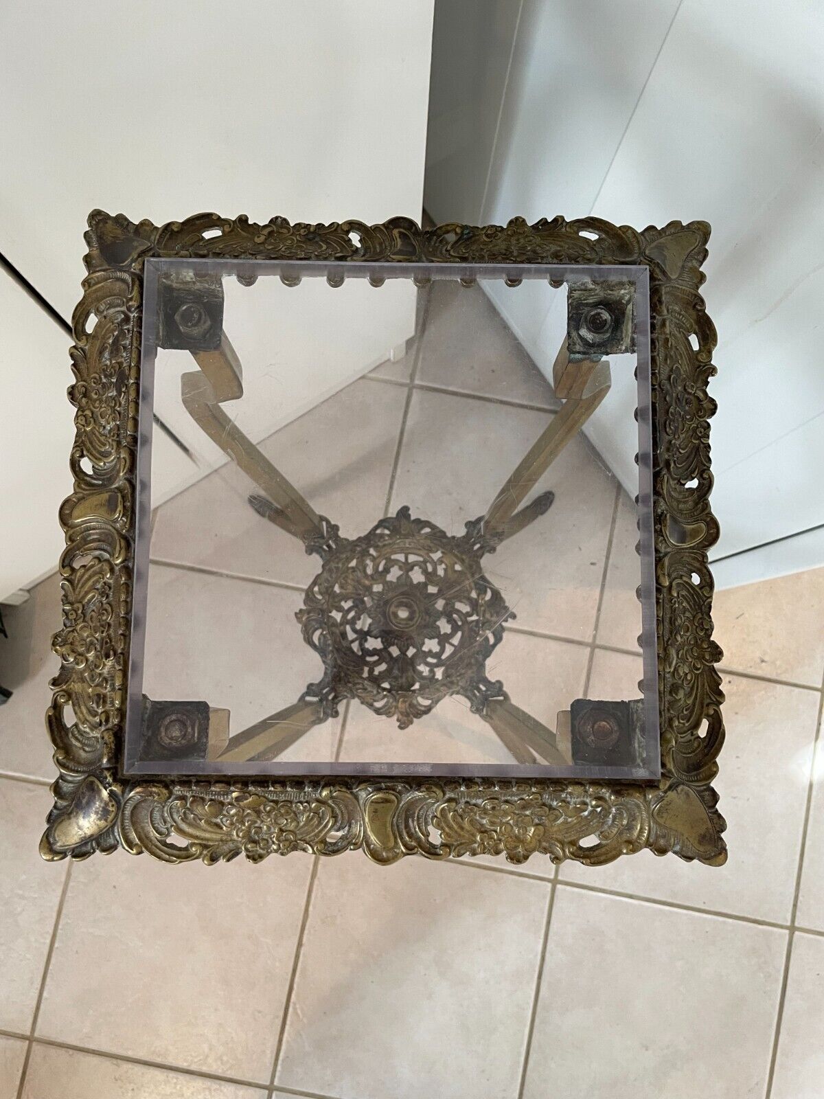 Victorian Brass Ornate Plant Stand Table with Glass Top