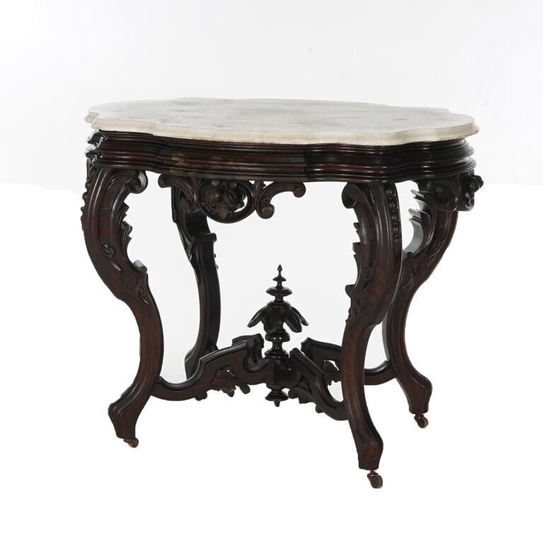 Victorian Carved Walnut Marble Turtle Top Table circa 1870